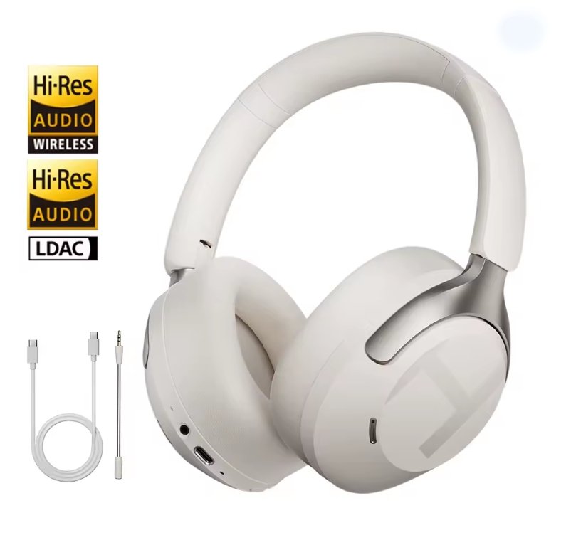 White over-ear wireless headphones with a headband, shown on a white background with two yellow Hi-Res Audio Wireless and LDAC badges and a white cable with a connector and adapter.