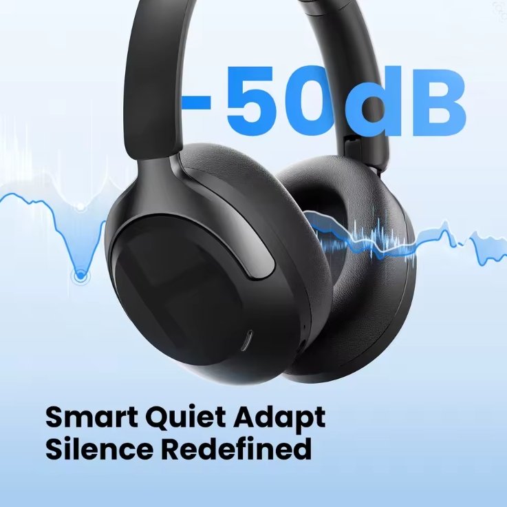 Black over-ear wireless headphones on a light blue background with blue soundwave graphics and text reading '-50dB' and 'Smart Quiet Adapt Silence Redefined'.