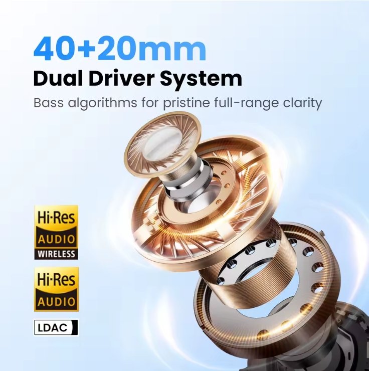 Promotional graphic for a dual driver speaker system showing two metallic gold and silver speaker drivers with glowing light effects, alongside text reading '40+20mm Dual Driver System' and badges for Hi-Res Audio Wireless and LDAC.