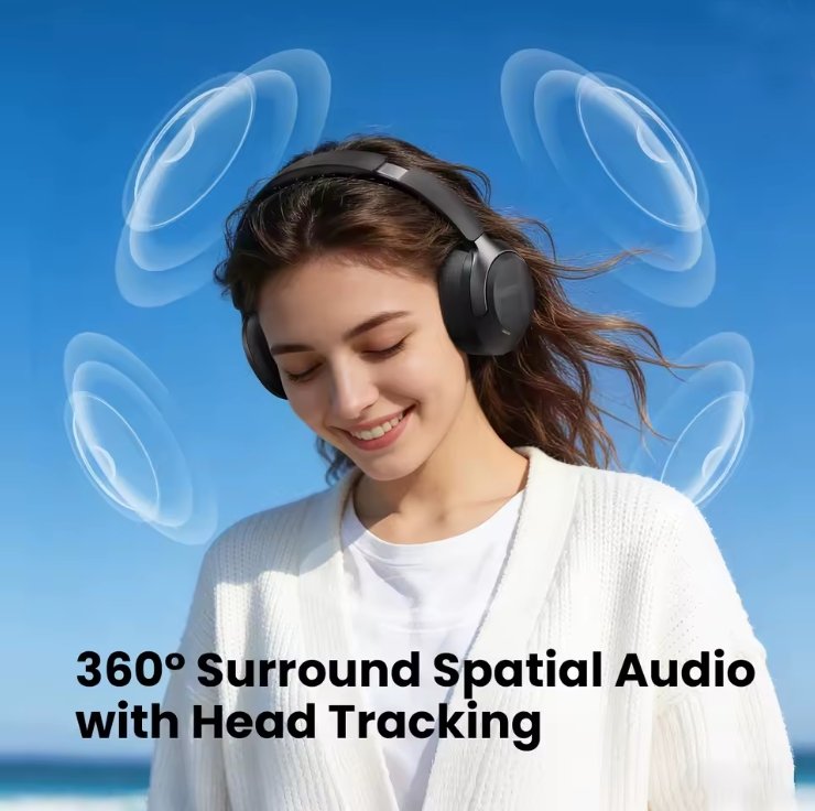 Woman wearing headphones with 360° surround spatial audio text overlay against a blue sky.