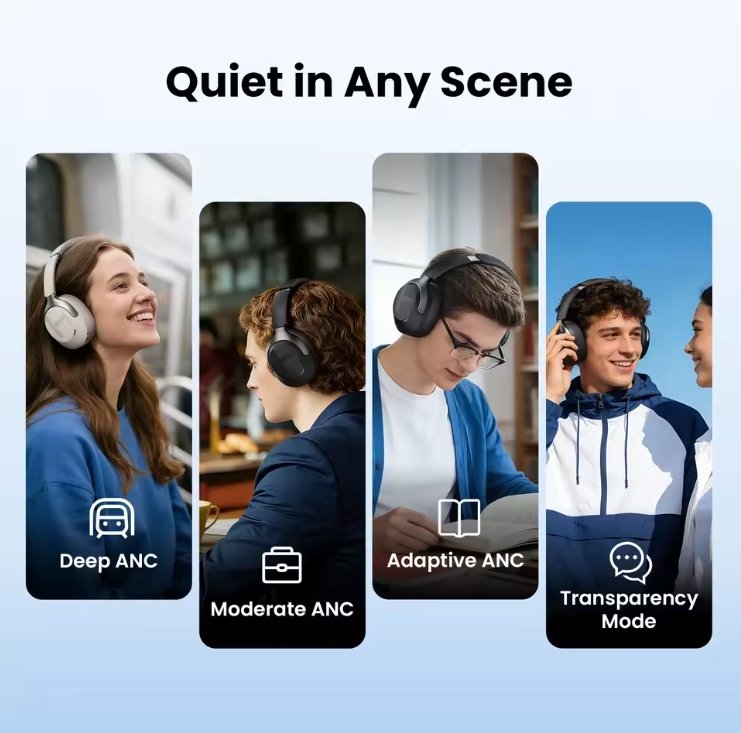 Promotional graphic for noise-isolating headphones with four vertical panels showing different people wearing the headphones in various settings. The top text reads 'Quiet in Any Scene.