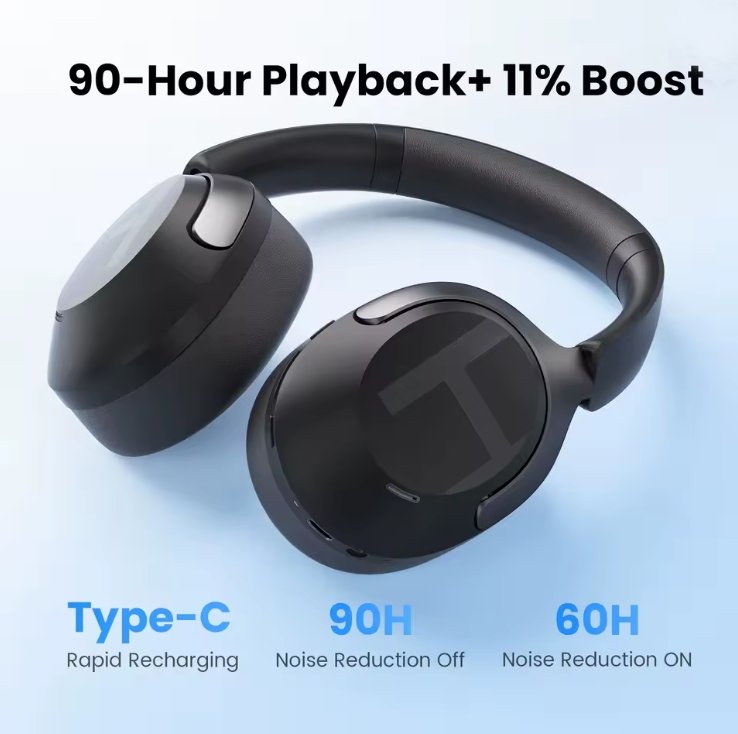 Black over-ear wireless headphones shown on a light blue gradient background with marketing text reading '90-Hour Playback+ 11% Boost' and feature callouts for Type-C rapid charging, 90H battery off, and 60H battery on.