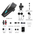 A collage showing a black ASMAX S1 bluetooth headset main unit with a blue accent, plus included accessories and parts on a white background: metal clamp, boom microphone, speaker unit, wired microphone, glue plate, microphone sponge, velcro for hybrid mic, velcro for wired mic, speaker pads, type-C cable, a small white box labeled CleanPack, and a manual.