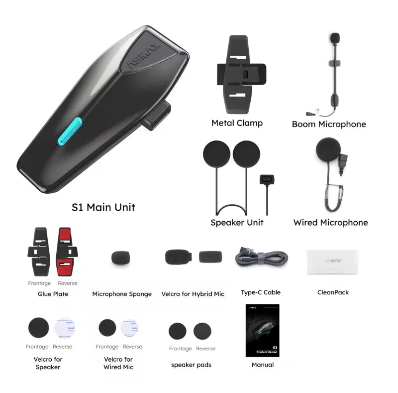 A collage showing a black ASMAX S1 bluetooth headset main unit with a blue accent, plus included accessories and parts on a white background: metal clamp, boom microphone, speaker unit, wired microphone, glue plate, microphone sponge, velcro for hybrid mic, velcro for wired mic, speaker pads, type-C cable, a small white box labeled CleanPack, and a manual.