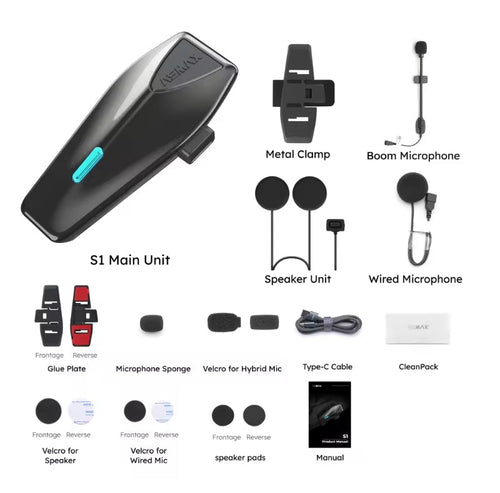 A collage showing a black ASMAX S1 bluetooth headset main unit with a blue accent, plus included accessories and parts on a white background: metal clamp, boom microphone, speaker unit, wired microphone, glue plate, microphone sponge, velcro for hybrid mic, velcro for wired mic, speaker pads, type-C cable, a small white box labeled CleanPack, and a manual.