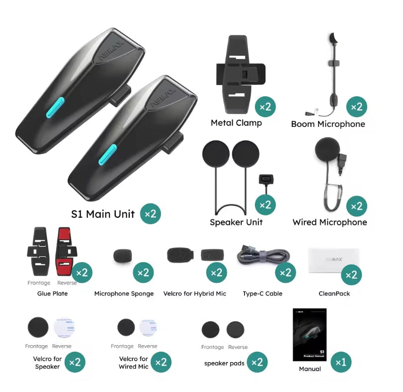 A collage showing a set of two black ASMAX S1 bluetooth headset main unit with a blue accent, plus included accessories and parts on a white background: metal clamp, boom microphone, speaker unit, wired microphone, glue plate, microphone sponge, velcro for hybrid mic, velcro for wired mic, speaker pads, type-C cable, a small white box labeled CleanPack, and a manual.