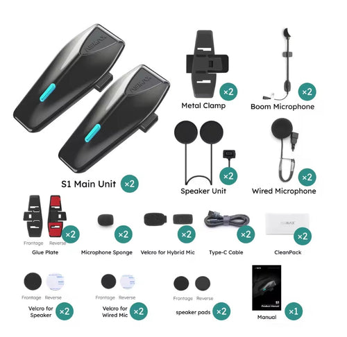A collage showing a set of two black ASMAX S1 bluetooth headset main unit with a blue accent, plus included accessories and parts on a white background: metal clamp, boom microphone, speaker unit, wired microphone, glue plate, microphone sponge, velcro for hybrid mic, velcro for wired mic, speaker pads, type-C cable, a small white box labeled CleanPack, and a manual.