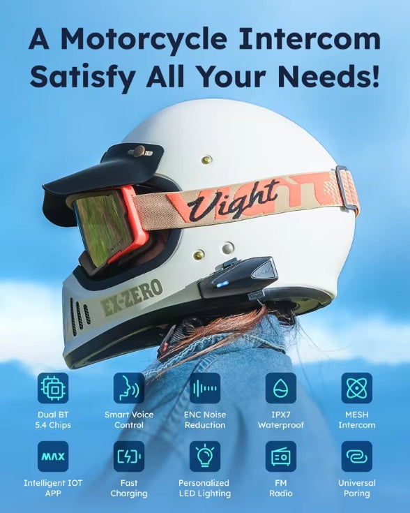 A motorcycle helmet with an integrated intercom system, featuring a white shell, black visor, and a tan strap with 'Vight' branding. The helmet is shown on a person's head against a blue sky background, with text and feature icons at the bottom.