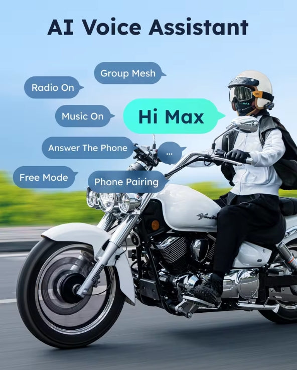 A person riding a white cruiser motorcycle on a road with overlaid text bubbles reading AI Voice Assistant and options like Radio On, Music On, Hi Max, Answer The Phone, Free Mode, Phone Pairing, and Group Mesh.
