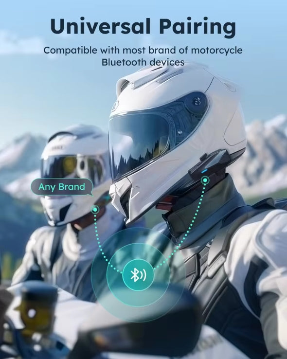A close-up of a rider wearing a white motorcycle helmet with a visible Bluetooth headset device near the neck, overlaid with marketing text reading 'Universal Pairing' and 'Compatible with most brand of motorcycle Bluetooth devices.' A second rider and mountain scenery appear in the background, and a teal Bluetooth icon graphic is centered over the helmet area.
