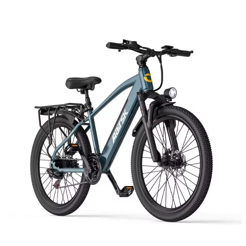 Blue Aairsk S800 26-inch city electric bike main studio hero shot with rear rack and front headlight on a white background