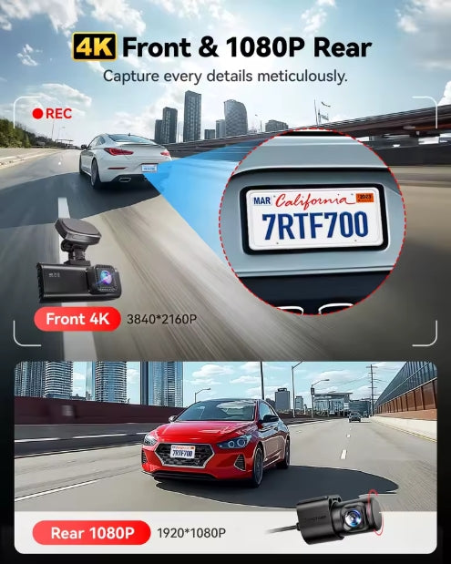 4K front and 1080P rear dual-channel recording resolution display showing crisp license plate capture
