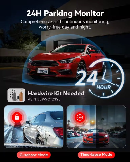 24-hour parking surveillance mode and continuous monitoring setup on Redtiger dash cam