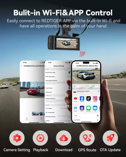 Smartphone screen showing built-in Wi-Fi and app control interface for Redtiger dash camera
