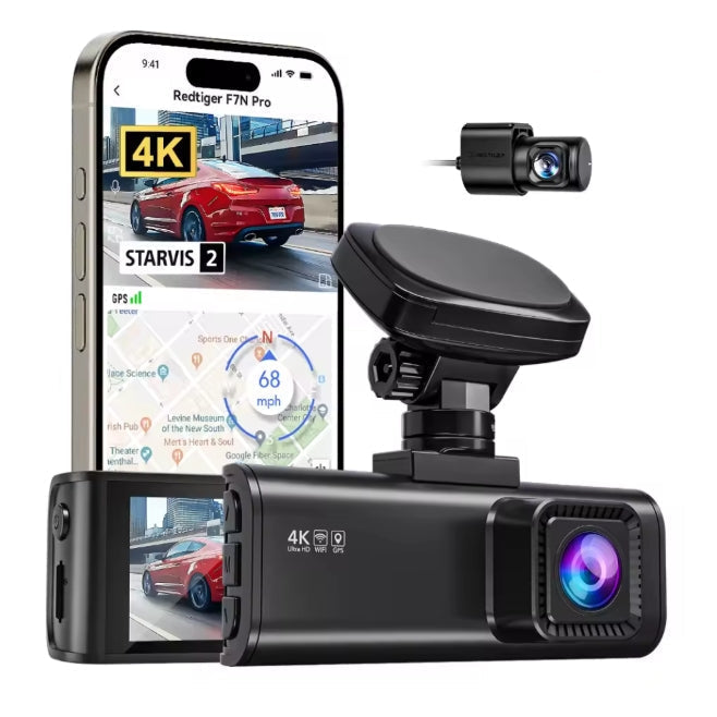 Redtiger F7N Pro 4K Dual Dash Cam front camera, rear module, and smartphone app display