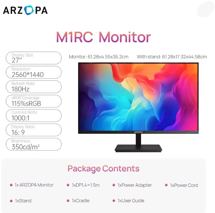 ARZOPA M1RC Monitor product listing graphic showing a black computer monitor on a white background with specifications on the left and package contents at the bottom.