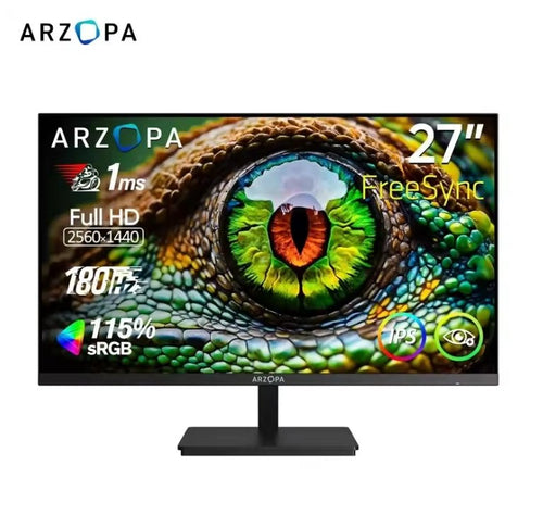 ARZOPA 27-inch Full HD monitor with a black stand, featuring a vibrant green and orange chameleon eye graphic on the screen with various feature callouts.