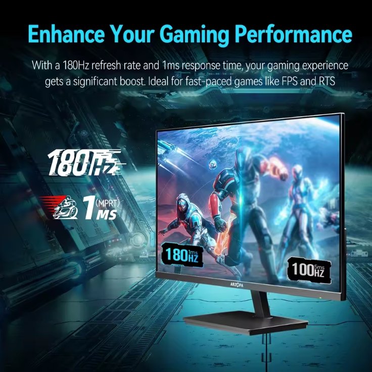 Gaming monitor with 180Hz refresh rate and 1ms response time on a dark background