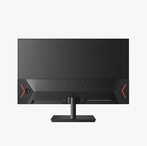 A black gaming monitor with a stand, shown from the back against a light gray background. The rear panel features red geometric accents on both sides.