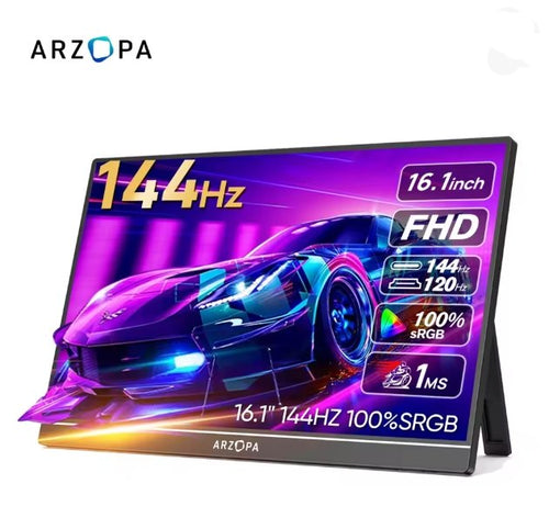 ARZOPA 16.1-inch FHD LED monitor with a black bezel and stand, displaying a purple sports car graphic with 144Hz and 100% SRGB text overlays.
