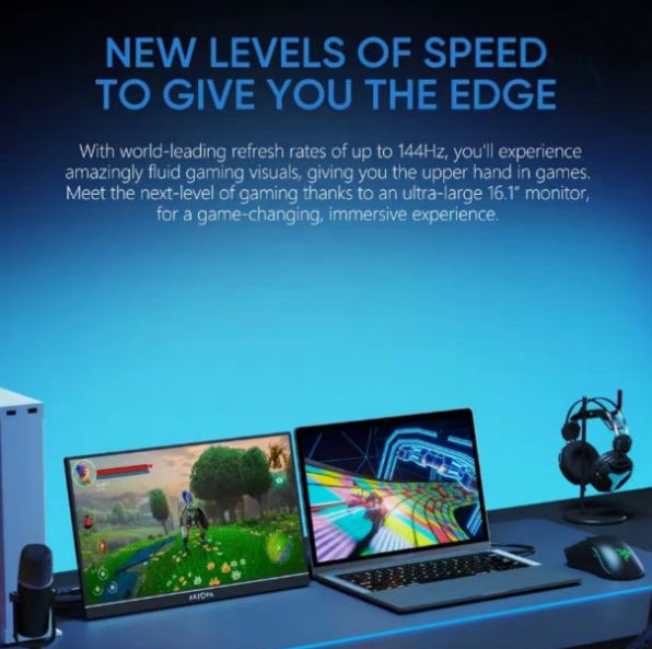 A gaming setup on a desk with a monitor, laptop, headphones, mouse, and speaker against a blue gradient background with promotional text about high refresh rate and immersive gaming visuals.