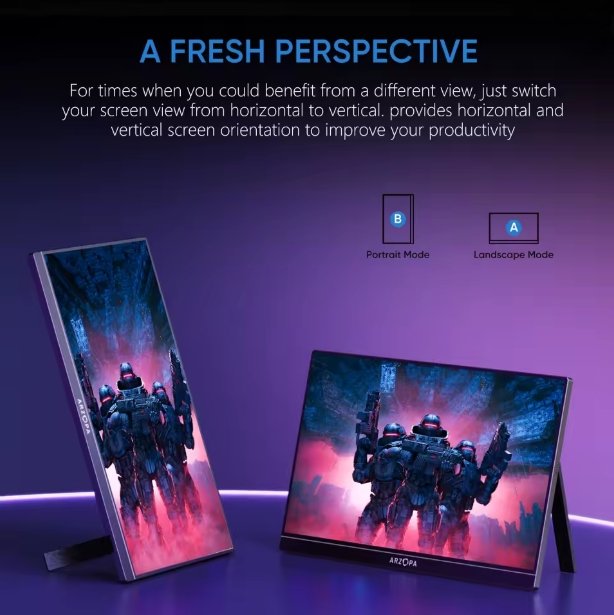 An ARZOPA monitor shown in portrait and landscape orientation on a dark purple background, with marketing text explaining screen orientation modes.