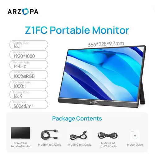 ARZOPA Z1FC Portable Monitor product listing graphic on a white background, showing the monitor, feature callouts, package contents icons, and cable accessories.