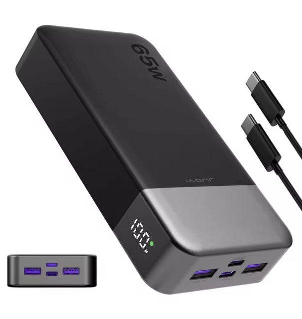A 65W portable power bank in black and gray, shown with a USB-C cable and a small inset diagram of its ports, on a white background.