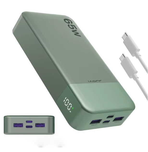 A sage green 65W portable power bank shown at an angle with a white USB-C cable on a white background. A small inset at the bottom left shows the front ports and a digital display.