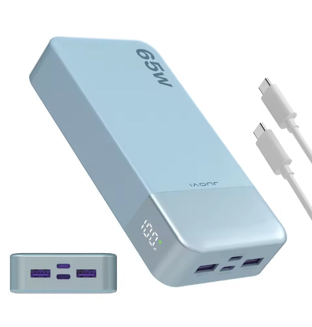 A light blue 65W portable power bank shown at an angle with a white USB-C cable and a small inset detail of the front ports, on a plain white background.