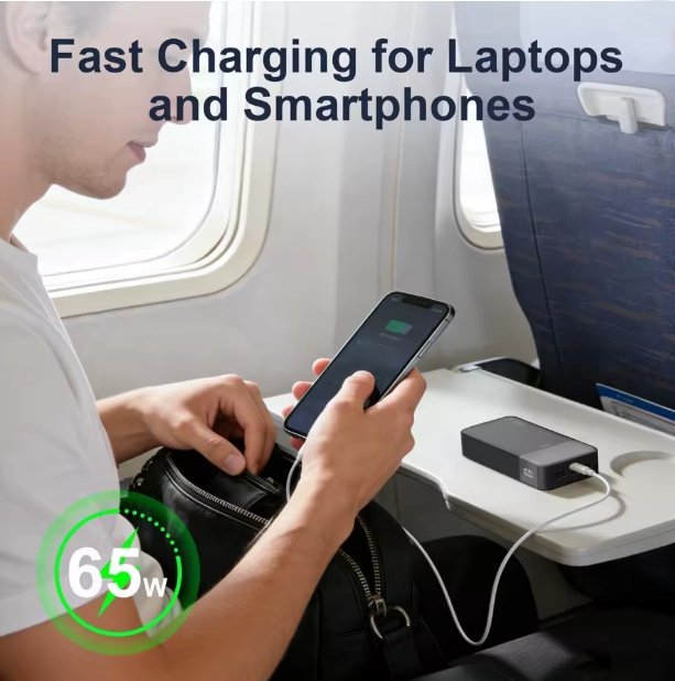 A man on a train or airplane uses a portable black power bank to charge a smartphone over a table tray. Text at the top reads 'Fast Charging for Laptops and Smartphones' and a green badge in the lower left says '65w'.