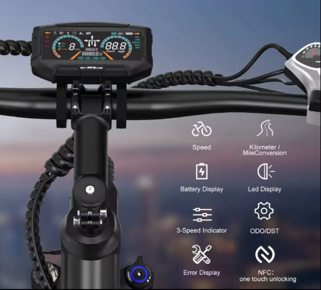 Close-up of color LED display, controls, and NFC unlock area on handlebars