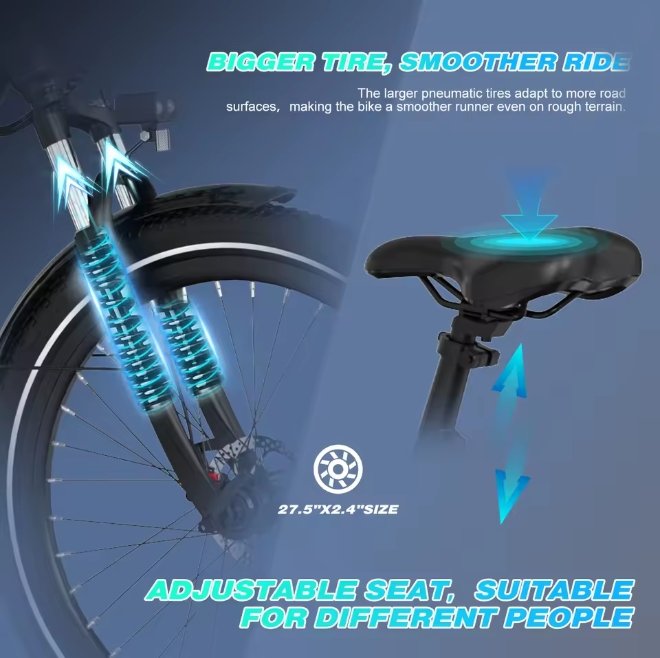 Detail shot of front lockable suspension fork and ergonomic saddle