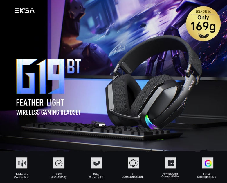 EKSA G19BT feather-light wireless gaming headset highlighting 169g weight, tri-mode connection, 30ms low latency, and RGB lighting icons.