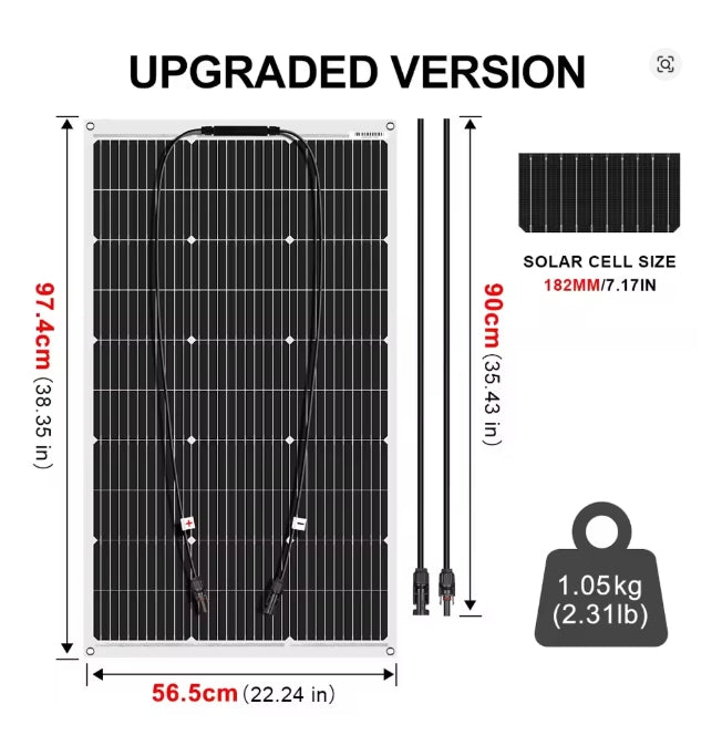 DOKIO upgraded version flexible solar panel dimensions, cell size, and weight specification graphic