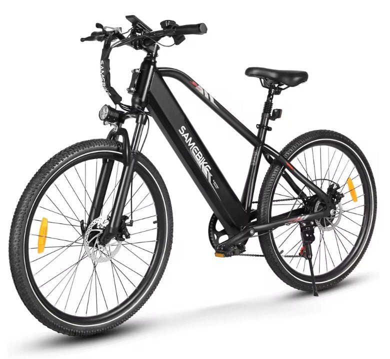 Black SAMEBIKE RS-A01 MEN electric bicycle with 'SAMEBIKE' branding on a white background