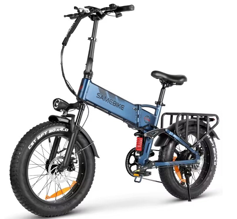 Blue Samebike RS‑A02 PRO electric bike with 'SAMEBIKE' branding on a white background