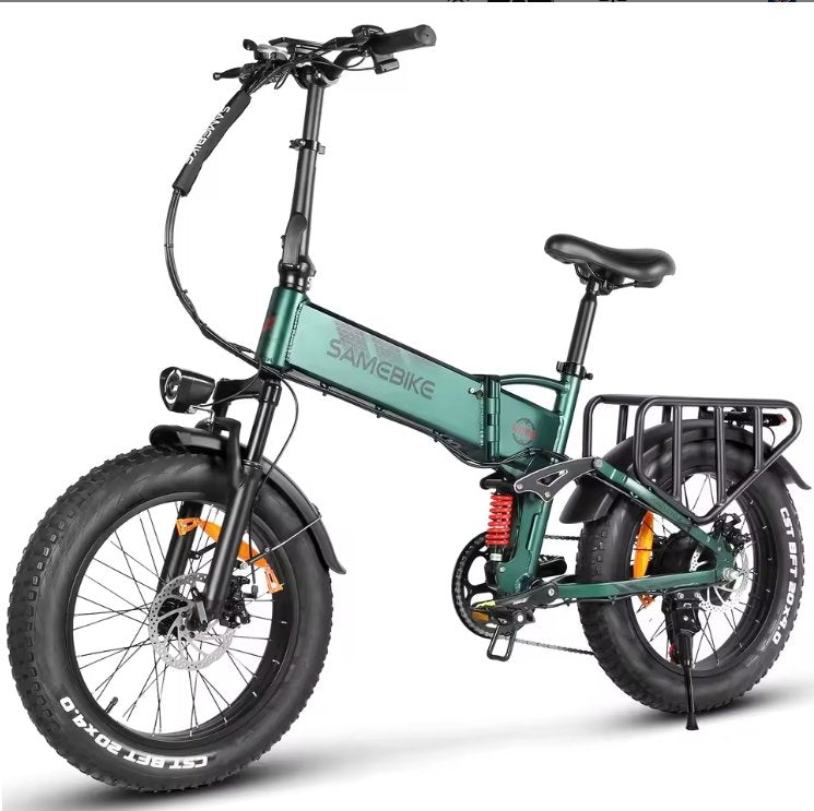 Green Samebike RS‑A02 PRO electric bike with 'SAMEBIKE' branding on a white background