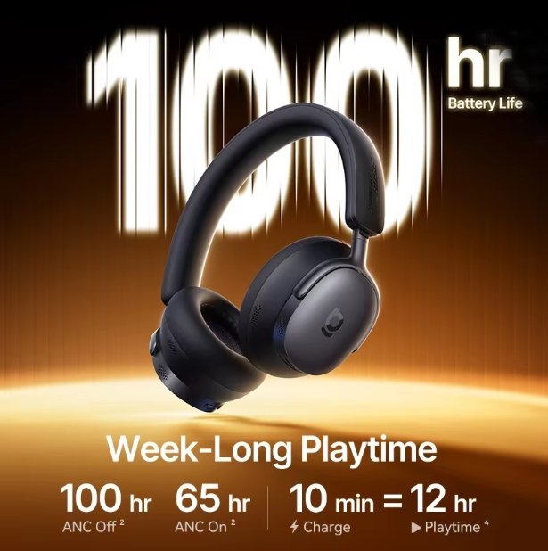 Black over-ear Baseus Inspire XH1  wireless headphones shown against a dark brown and gold promotional background with large white text reading '100 hr Battery Life' and 'Week-Long Playtime' plus additional battery usage details.