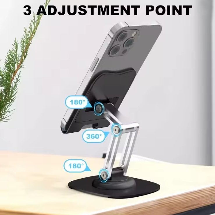 360° Rotation Portable Desktop Stand highlighting 3 adjustment points and multi-angle mobility   