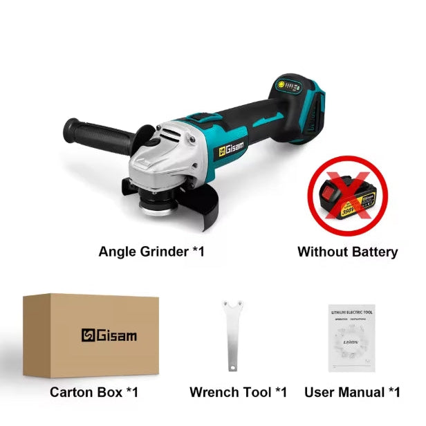 Gisam 18V Brushless Electric Angle Grinder skin-only kit contents including tool body, box, wrench, and manual   