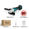 Gisam 18V Brushless Electric Angle Grinder skin-only kit contents including tool body, box, wrench, and manual   