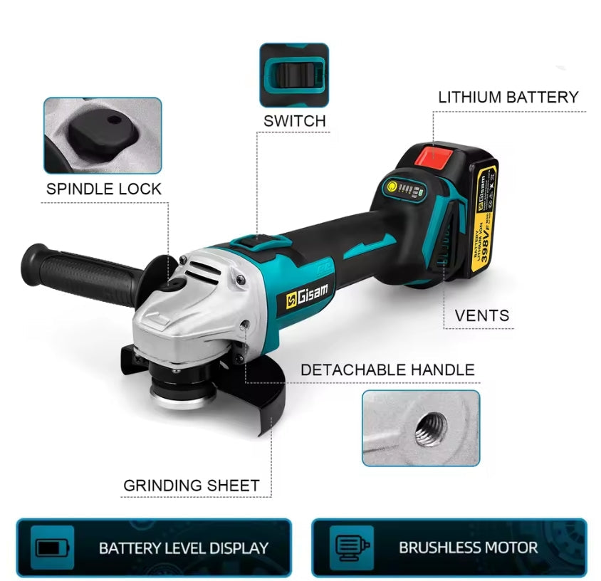 Gisam 18V Brushless Electric Angle Grinder component breakdown graphic highlighting switch, lock, and handle   