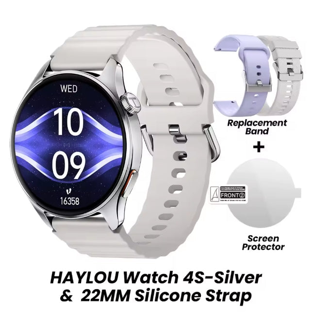 A smartwatch with a silver-toned round case and a white silicone strap, shown on a white background with included replacement band and screen protector accessories. Text at the bottom reads 'HAYLOU Watch 4S-Silver & 22MM Silicone Strap'.