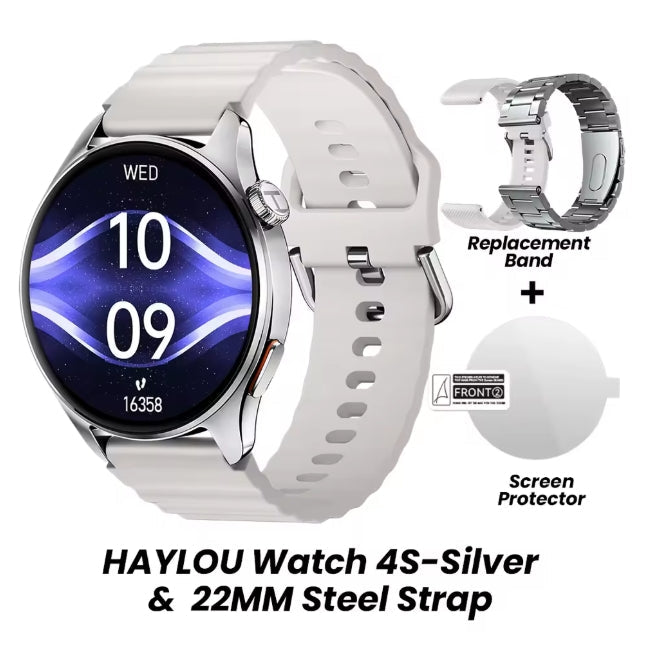 A smartwatch band and watch case set shown on a white background, with an inset showing a replacement metal band, a screen protector, and text reading 'HAYLOU Watch 4S-Silver & 22MM Steel Strap'.