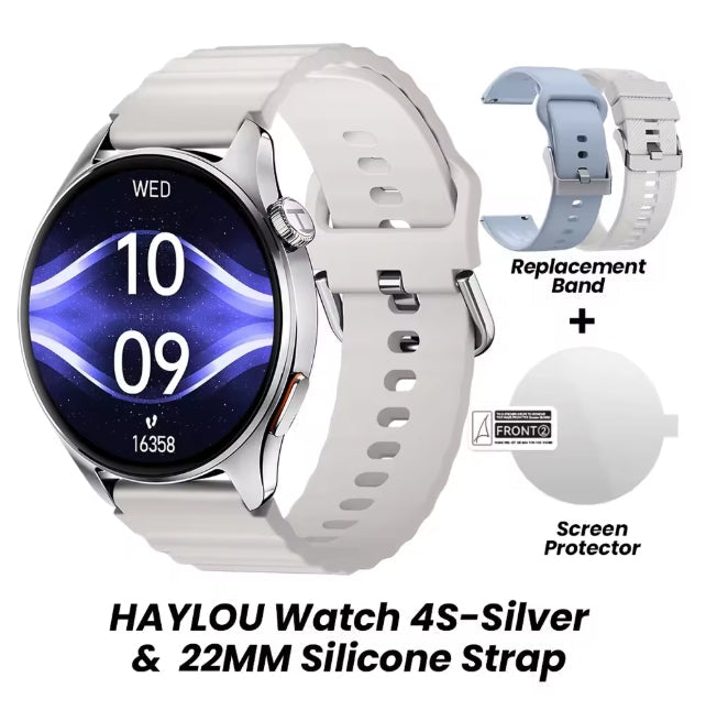 A smartwatch with a silver round case and a light gray silicone strap is shown on a white background, alongside a replacement band in light blue and white, a screen protector, and text reading 'HAYLOU Watch 4S-Silver & 22MM Silicone Strap'.