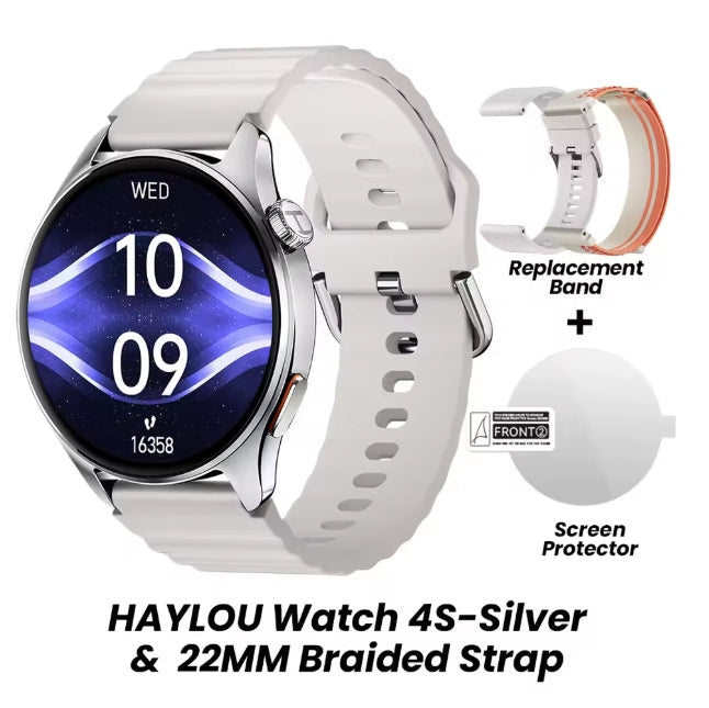 A smartwatch with a silver-toned round case and white braided strap, shown on a white background with included accessories: a replacement band, a screen protector, and text reading 'HAYLOU Watch 4S-Silver & 22MM Braided Strap'.