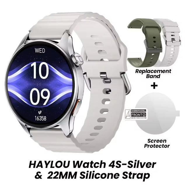A smartwatch with a silver-toned round case and a white silicone strap, shown alongside a replacement band in olive green and white, a screen protector, and text reading 'HAYLOU Watch 4S-Silver & 22MM Silicone Strap'.