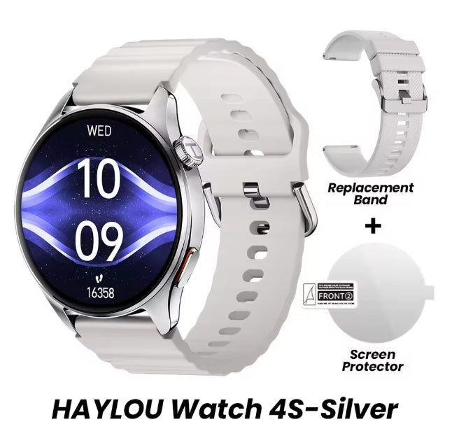 A silver smartwatch with a white silicone strap shown on a white background, alongside a replacement band, a screen protector, and text reading 'HAYLOU Watch 4S-Silver'.