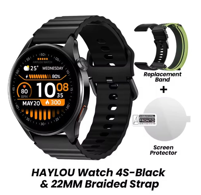 Black smartwatch with a black braided strap shown on a white background, alongside a replacement band and a screen protector. Text at the bottom reads 'HAYLOU Watch 4S-Black & 22MM Braided Strap'.